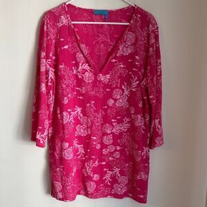 Fresh Produce Pink White tropical fish shells beach V-Neck Tunic women dress LG